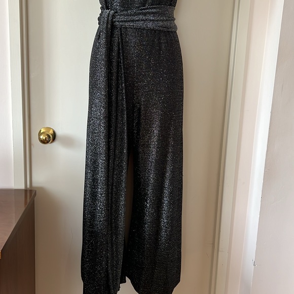 đź’•Strapless Black Silver Metallic Disco Sparkle Strapless Jersey Jumpsuit M EUC - Picture 4 of 8